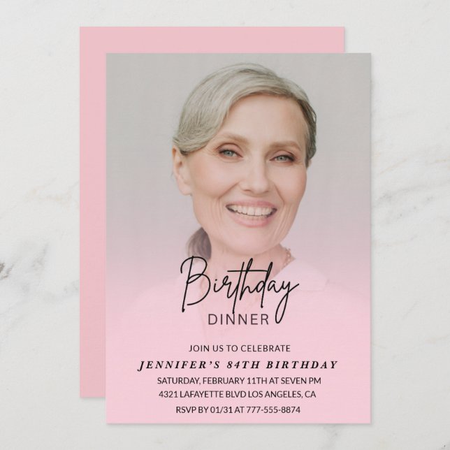 Photo Pink 84th birthday invitations Dinner (Front/Back)