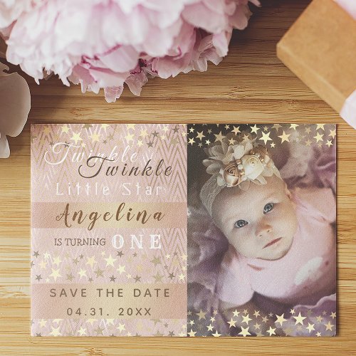 Photo Pink and Gold 1st Birthday Save The Date