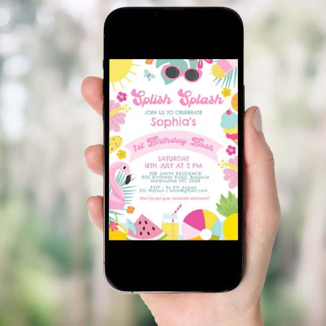 Photo Pink Banner Retro Splish Splash 1st Birthday Invitation (Front Digital)