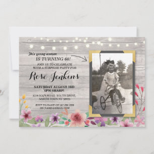 Photo Pink Birthday Floral Rustic Wood Invitations