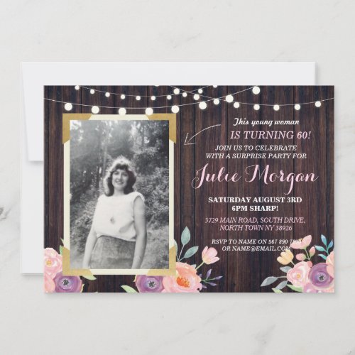 Photo Pink Birthday Floral Rustic Wood Invitations