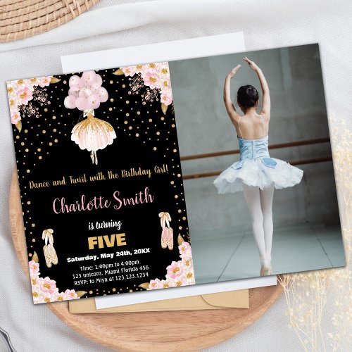 Photo Pink Black Ballerina Birthday Invitations