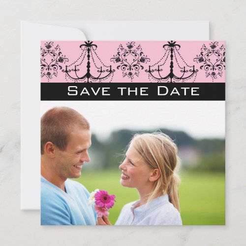 Photo Pink Black Damask Chandelier Save the Date Invitation