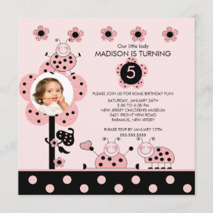 Photo Pink & Black Ladybugs Birthday Invitation