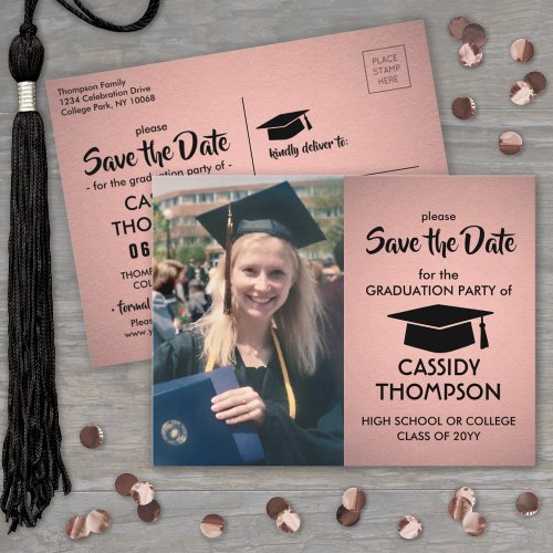 Photo Pink  Black Modern Graduation Save the Date Postcard