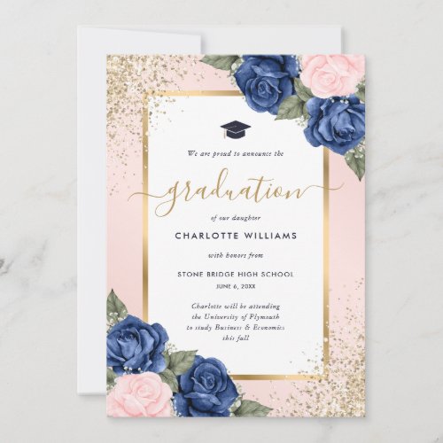 Photo Pink Blue Floral Gold Modern Graduation Announcement