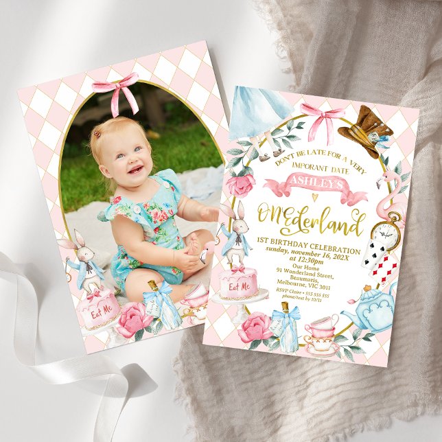 Photo Pink Bow Alice Onederland 1st Birthday  Invitation (Girls Bow Alice In Onederland 1st Birthday Invitation With Photo On Back, Onederland 1st Birthday )