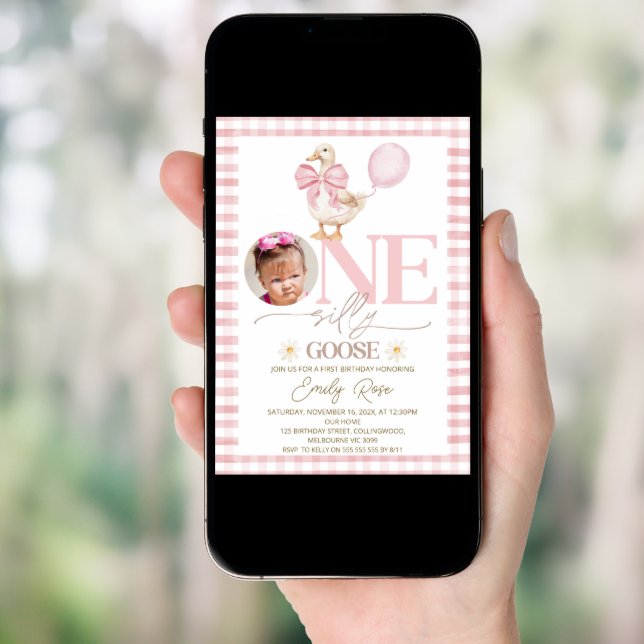 Photo Pink Bow One Silly Goose 1st Birthday  Invitation (Front Digital)