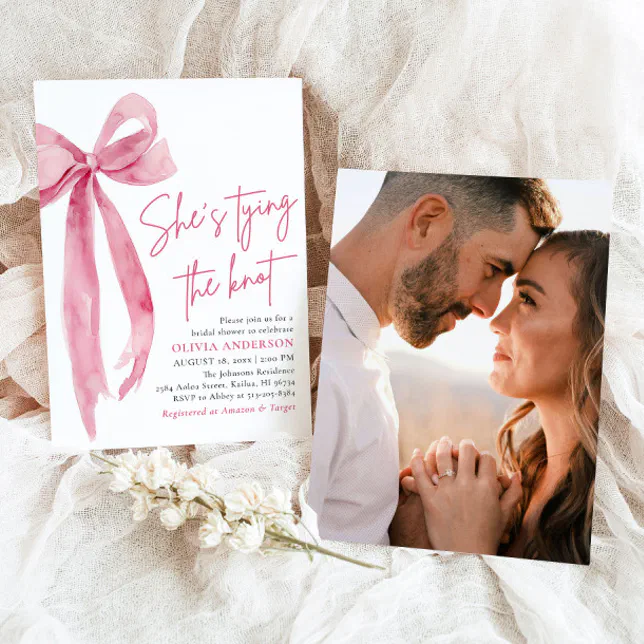 Photo Pink Bow She's Tying the Knot Bridal Shower Invitation | Zazzle