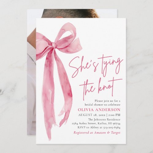 Photo Pink Bow Shes Tying the Knot Bridal Shower Invitation