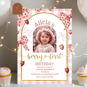 Photo Pink Bow Strawberry Berry Sweet 1st Birthday Invitation
