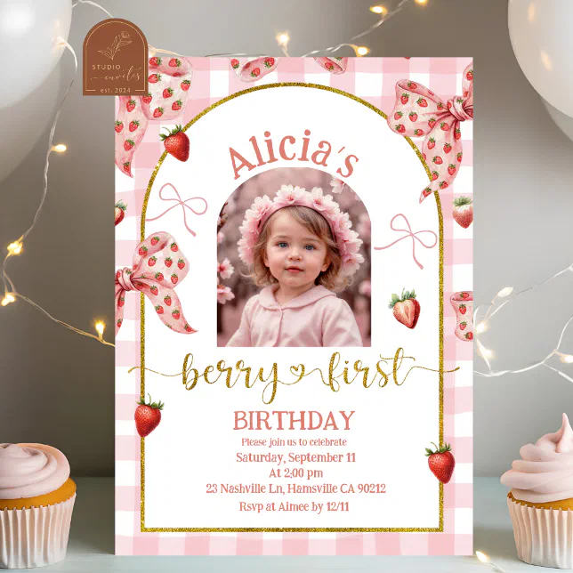 Photo Pink Bow Strawberry Berry Sweet 1st Birthday Invitation | Zazzle