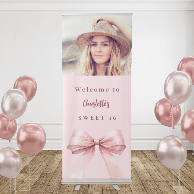 Photo pink bow Sweet 16 party welcome Retractable Banner (Creator Uploaded)