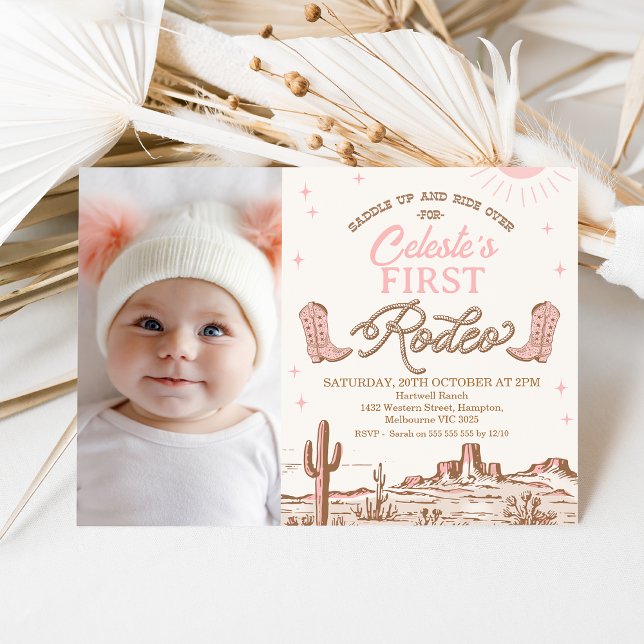 Photo Pink Brown Cowgirl First Rodeo 1st Birthday Invitation (Girls First Rodeo Birthday Invitation Template, Photo Pink Brown Rodeo Birthday Invitation, Any Age)