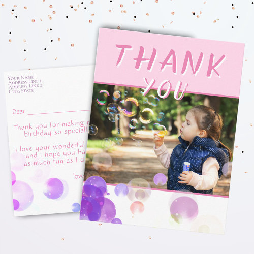 Photo Pink Bubbles Kids Birthday Party Thank you