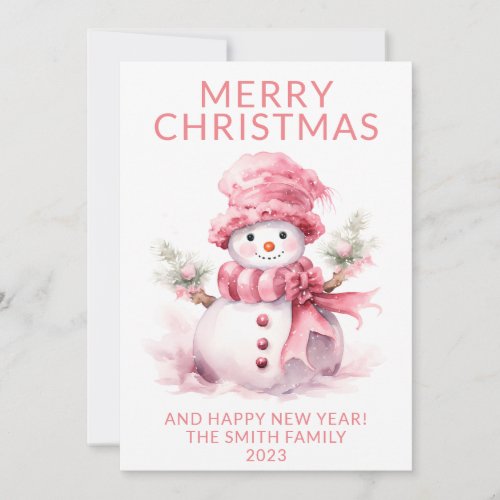 Photo Pink Christmas Snowman Holiday Card