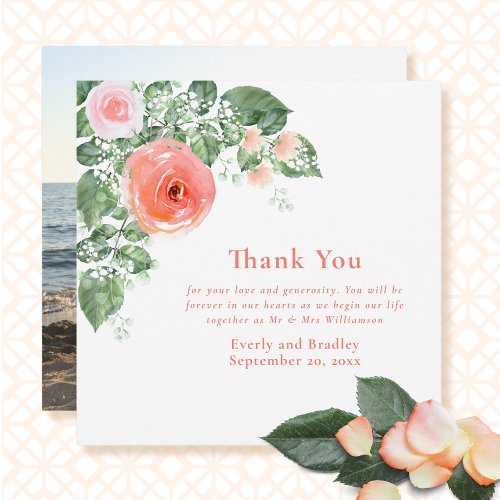 Photo Pink Coral Romantic Wedding Thank you Card 