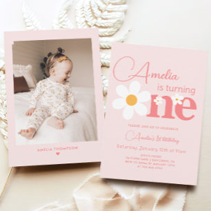 Photo Pink Daisy 1st Birthday Party Invitation