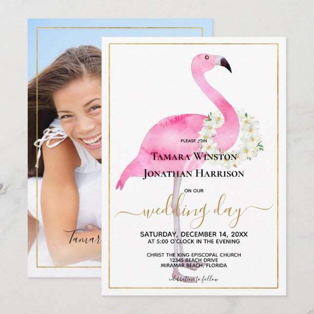 Photo Pink Flamingo Magnolias Beach Wedding Invitation (Front/Back)