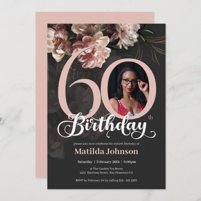 Photo Pink Floral 60th Birthday Custom Invitation (Front/Back)