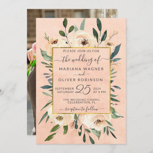 Photo Pink Floral Beige Gold Wedding Invitation