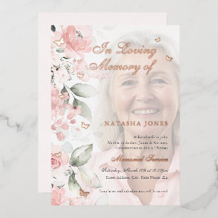 Photo Pink Floral Butterfly Memorial Service Foil Invitation