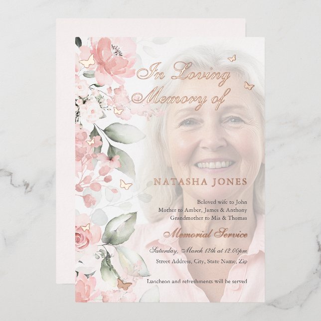Photo Pink Floral Butterfly Memorial Service Foil Invitation (Front/Back)