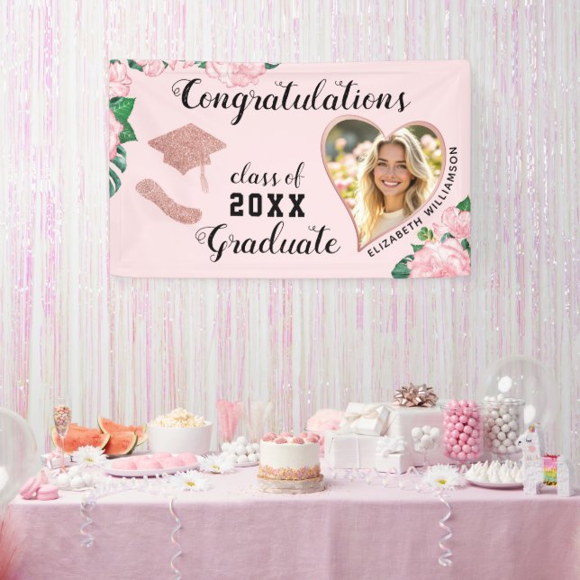 Photo Pink Floral Class of 2025 Graduation Banner (Party)