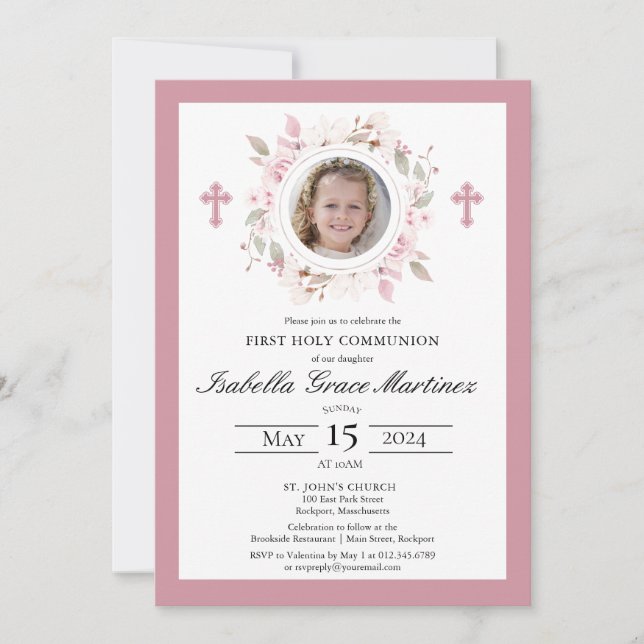 Photo Pink Floral Cross First Holy Communion Invitation (Front)