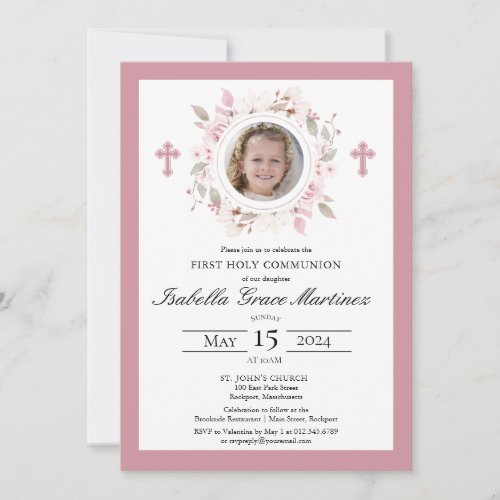 Photo Pink Floral Cross First Holy Communion Invitation