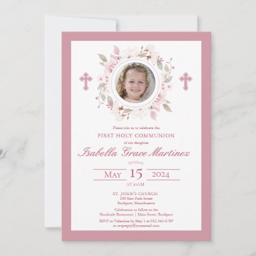 Photo Pink Floral Cross First Holy Communion Invitation
