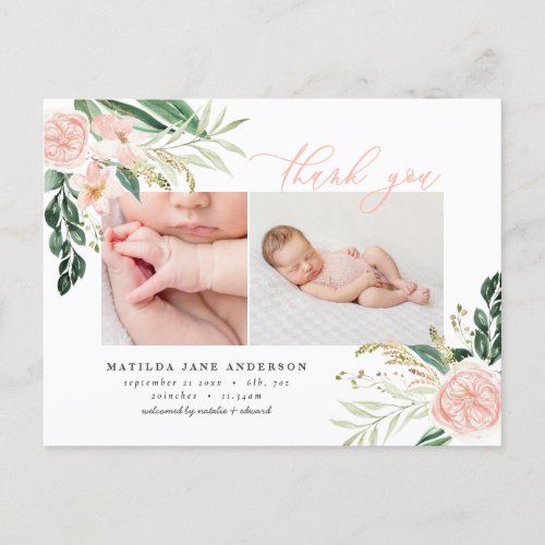 Photo pink floral elegant thank you birth announcement postcard