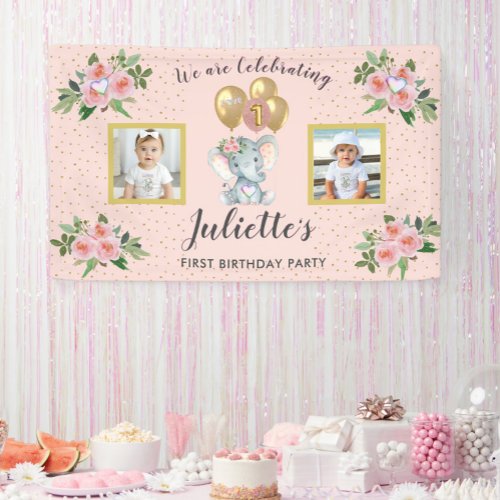 Photo Pink Floral Elephant First Birthday Girl  Banner