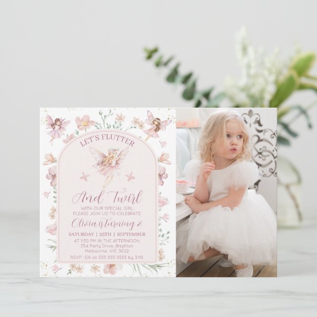Photo Pink Floral Fairy Flutter Twirl Birthday Invitation (Standing Front)