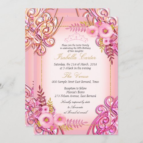Photo Pink Floral Gold Tiara Birthday Party Invitation