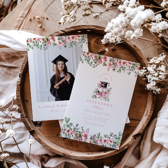 Photo Pink Floral Graduation Party Invitation (Creator Uploaded)