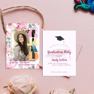 Photo Pink Floral Graduation Party Mini Invitation