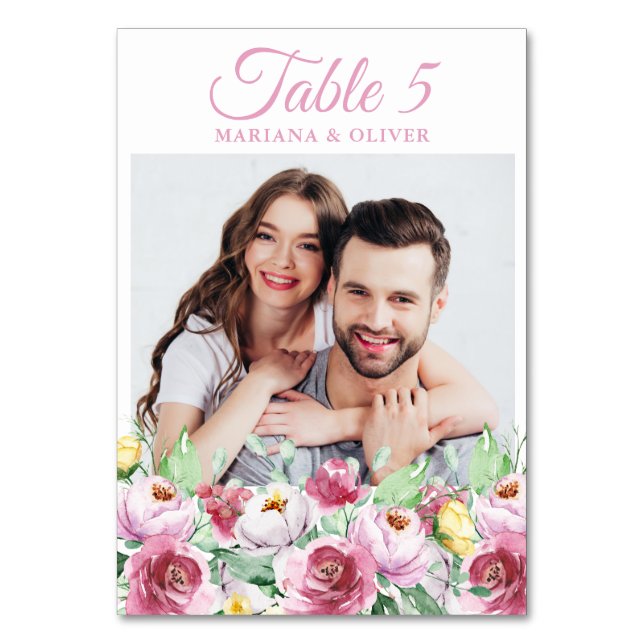 Photo Pink Floral Wedding Table Number (Front)