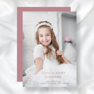 Photo Pink Girl First Holy Communion Rose Gold Foil Invitation