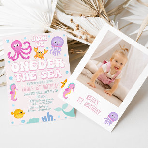 Photo Pink Girls Oneder The Sea First Birthday Invitation