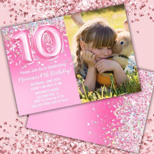 Photo Pink Glitter 10th Birthday Invitation