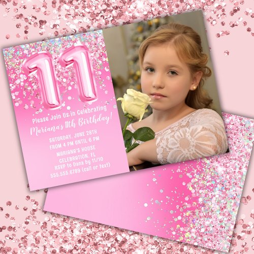 Photo Pink Glitter 11th Birthday Invitation