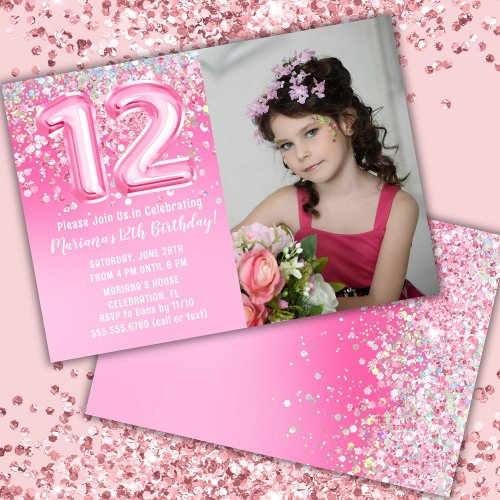 Photo Pink Glitter 12th Birthday Invitation