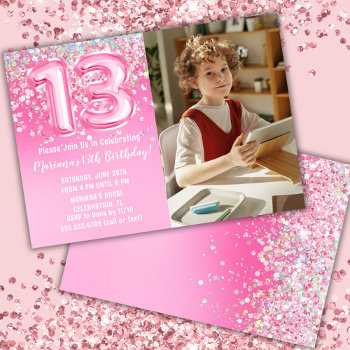 Photo Pink Glitter 13th Birthday Invitation by WittyPrintables at Zazzle