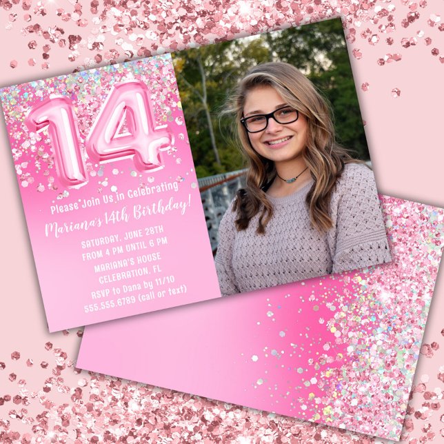 Photo Pink Glitter 14th Birthday Invitation (Creator Uploaded)