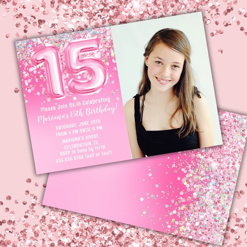 Photo Pink Glitter 15th Birthday Invitation