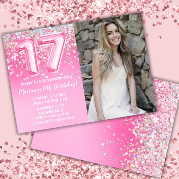 Photo Pink Glitter 17th Birthday Invitation by WittyPrintables at Zazzle