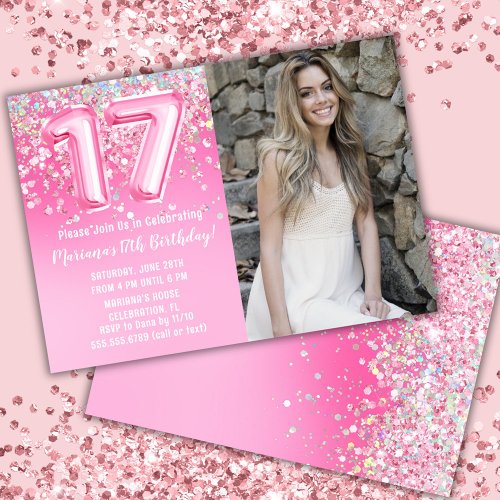 Photo Pink Glitter 17th Birthday Invitation