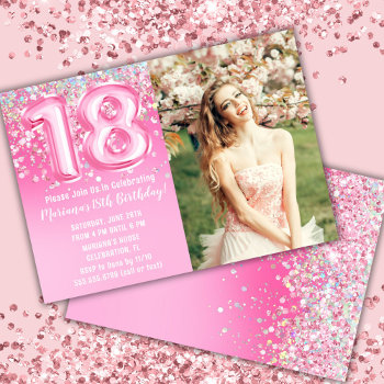 Photo Pink Glitter 18th Birthday Invitation by WittyPrintables at Zazzle