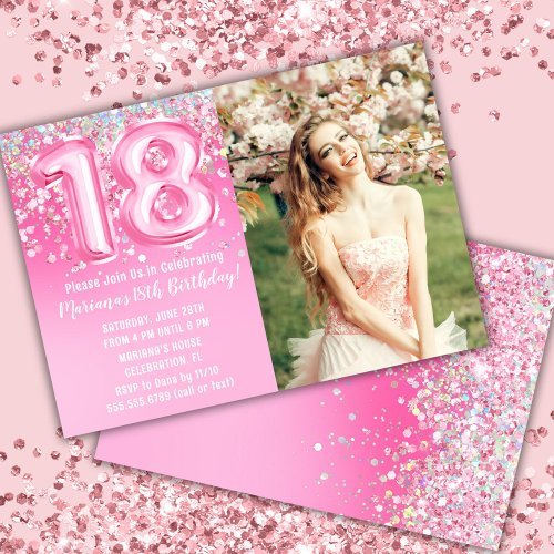 Photo Pink Glitter 18th Birthday Invitation